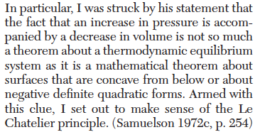 11/ As documented by Backhouse ( https://www.aeaweb.org/articles?id=10.1257/jel.53.2.326 ), he was especially interested in how math underlying Le Chatelier principle could help him model idea “that the system is in stable equilibrium or motion in terms of an assumed dynamical system”