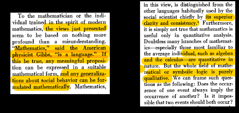 12/Same year, Arrow published stronger defense of math  https://books.google.fr/books/about/Mathematical_Models_in_the_Social_Scienc.html?id=77mJHAAACAAJ&redir_esc=yDerided idea that human being not amenable to mathematical laws. Math was clearer language, allowed qualitative analysis & empirical analysis through modeling stochastic character of econ relations