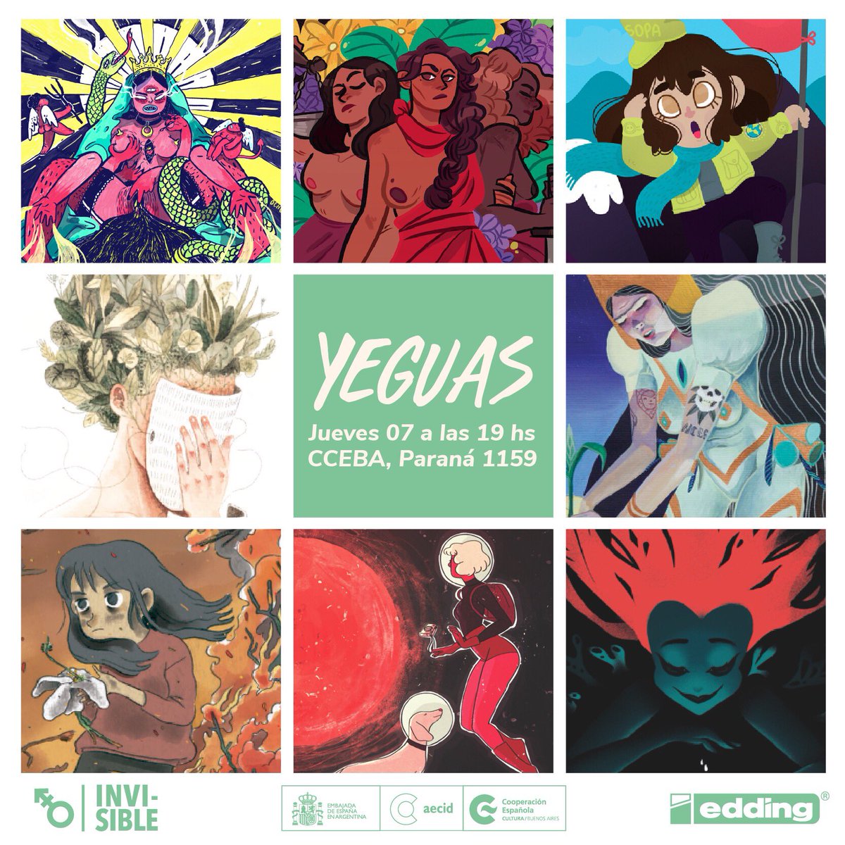 micasmalcolm's tweet photo. Hoy. Fiesta feminista. Muestra de ilustraciones de #Yeguas de @SomosInvisible. Música en vivo. Brindis con salamines y sorpresas varias. A las 19 hs en Paraná 1159. Entrada libre y gratuita, como debe ser. https://t.co/VqMLkMUqSx