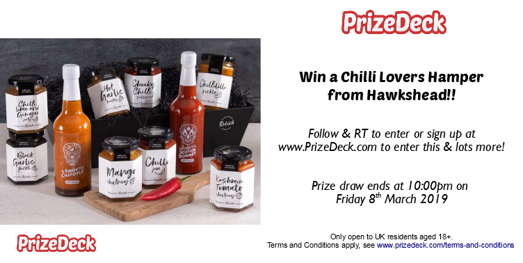 prizedeck's tweet photo. How hot do you like it? 🌶️🌶️🌶️

Follow &amp; RT for your chance to WIN a Chilli Lovers Hamper from Hawkshead Relish!

Terms Apply: UK &amp; 18+ Only. Ends 10PM Friday 08.03.2019

#Foodies #Food #chilli https://t.co/tRYW9ljOrH