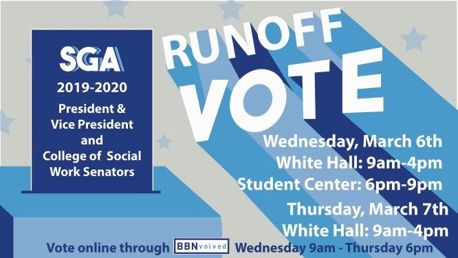 SGA Run Off voting TODAY 9AM-4PM in Whitehall CB or ONLINE until 6PM tonight via BBNvolved. Your vote counts - Vote Today! 🐱✅🏫

#UKSGA #WeAreUK #StudentsTodayAlumniTomorrow