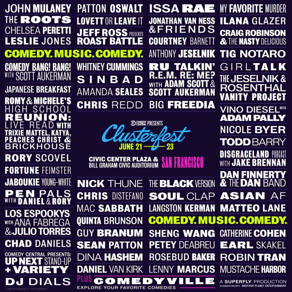 clusterfest's tweet photo. We told @Mulaney, @PattonOswalt, and @IssaRae that you're coming to #Clusterfest. Please, don't make us liars. 3-Day tickets go on sale Monday at 10am PT. https://t.co/AWV4lxKNMQ https://t.co/JKkfHPnV2d