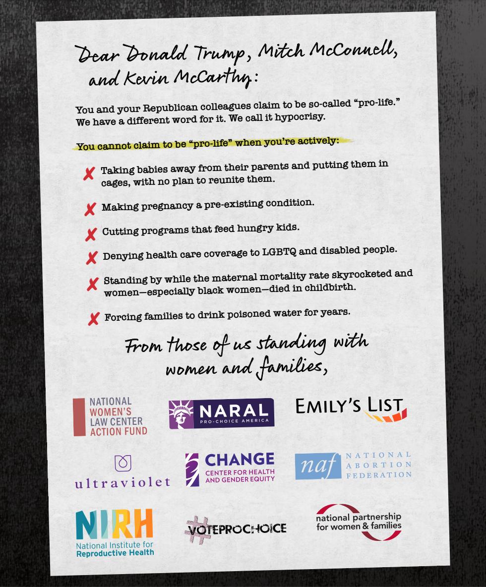 reproforall's tweet image. As the GOP focuses on criminalizing abortion, it's not lost on Americans that this is the same party that's attempted to rip healthcare away from us, separated families at the border &amp;amp; let the growing epidemic in maternal mortality go unanswered. Our @rollcall ad ↓ #HowDareYou