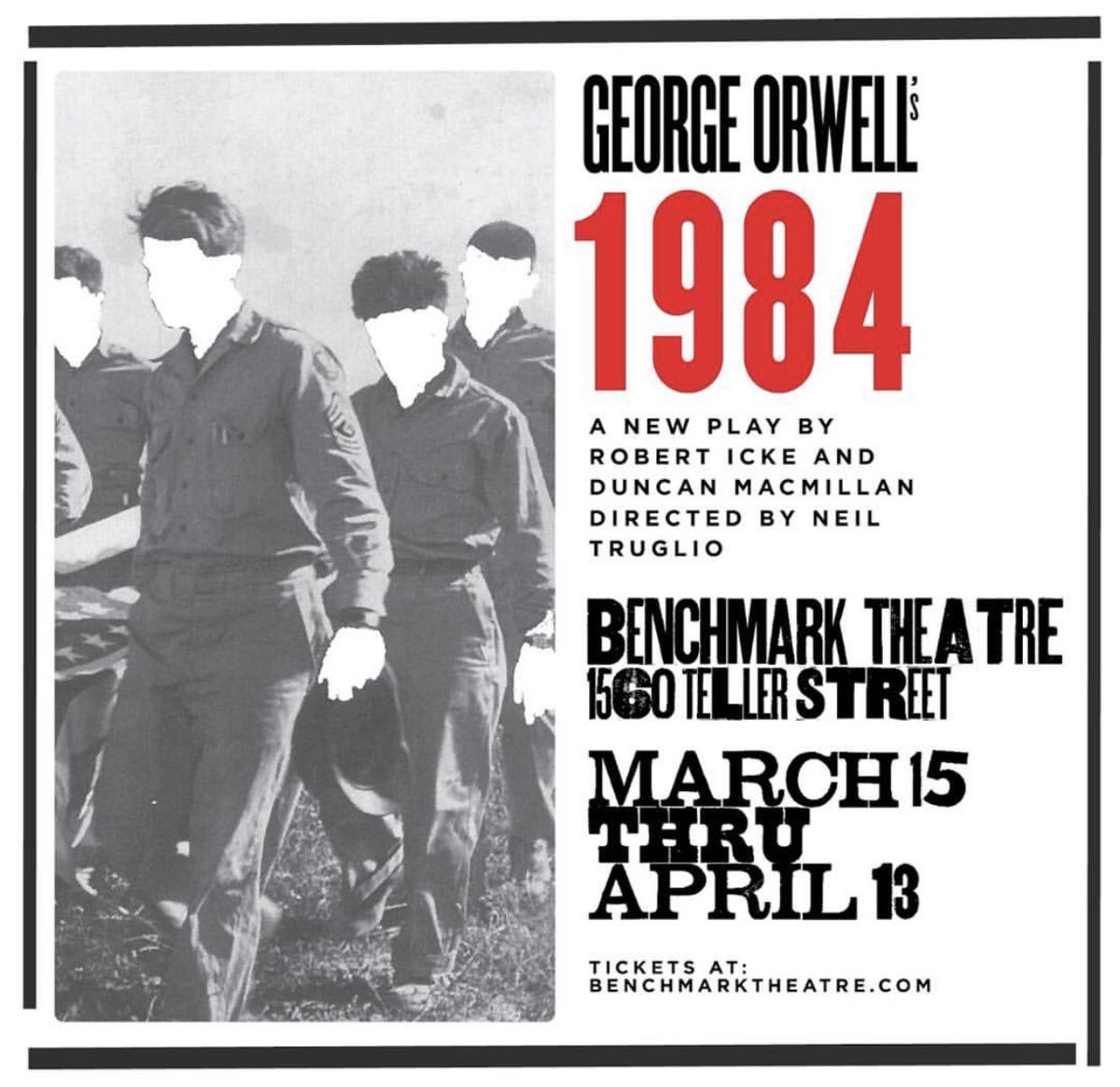 Check out the promotional graphic that <a href="/RickGriffith/">Rick Griffith</a> designed for Benchmark Theatre's upcoming production of George Orwell's #1984. War is peace. Freedom is slavery. Ignorance is strength. Big Brother is watching you. <a href="/thebenchdenver/">Benchmark Theatre</a> #denver #design