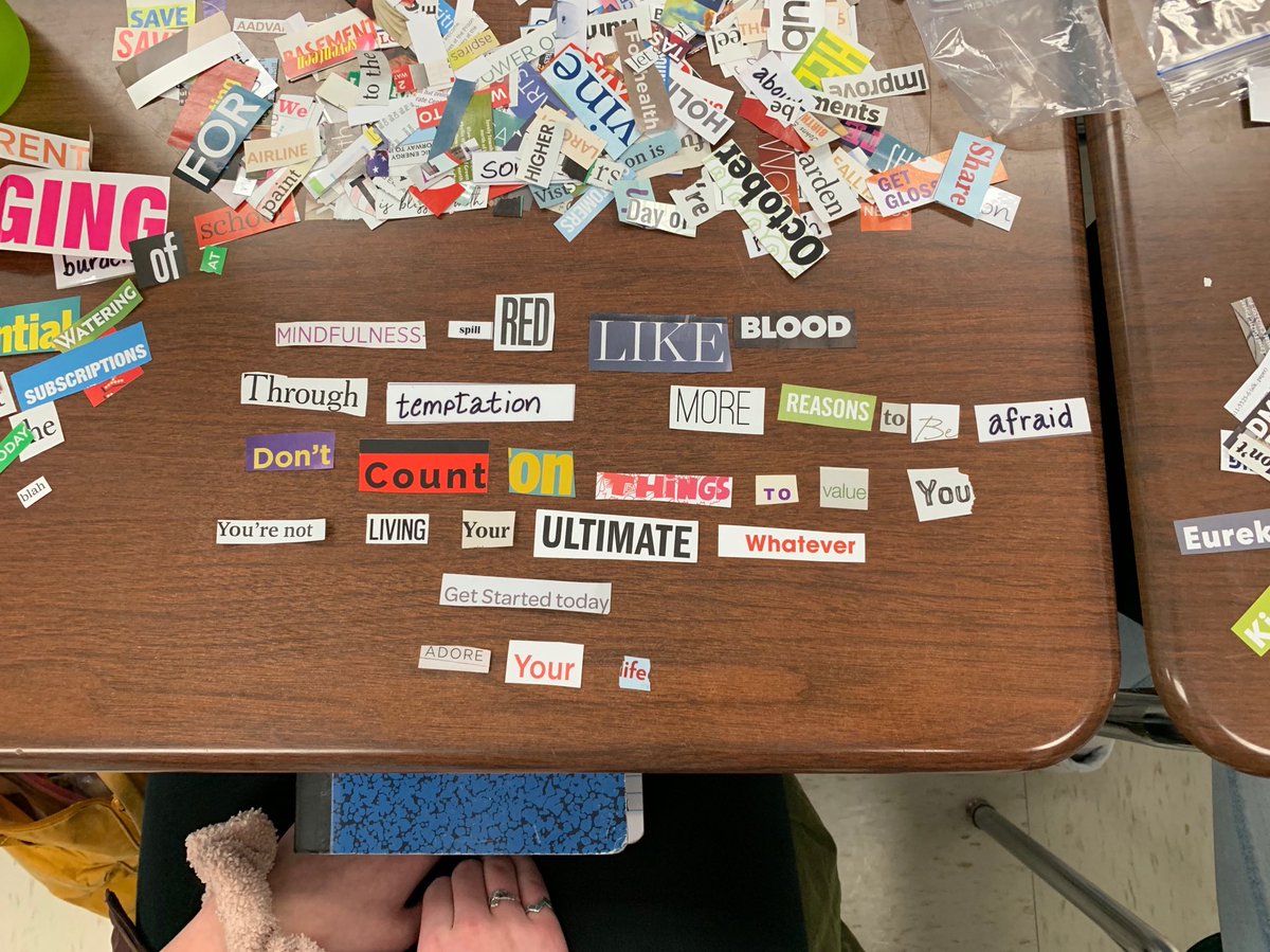 DBTrach's tweet image. Look what we “found” in Creative Writing!! #POETRY ! Thousands of words covered the desks. #bliss ⁦@LouRiolo⁩ ⁦@JanetWarden⁩ ⁦@Carmelschools⁩ ⁦@chs_english1⁩ ⁦@ncte⁩ ⁦@teacher2teacher⁩ #carmel6cs