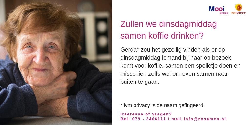 _ZoSamen's tweet photo. Op dinsdagmiddag samen een kop koffie drinken, een spelletje doen en misschien even samen naar buiten. Gerda is beperkt mobiel en zelfstandig naar buiten gaan zit er helaas niet meer in. Wil jij bij haar bezoeken? Belangstellend? Bel ons op 0800-0200401 of mail info@zosamen.nl https://t.co/UjxCtiihiZ