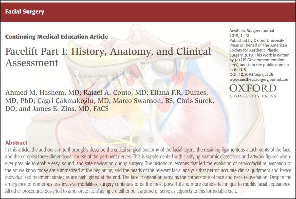 hunter_alexan's tweet photo. New today from ASJ: "Facelift Part I: History, Anatomy, and Clinical Assessment"
Read it here β https://t.co/MvTQ7xMN7d β then take the CME exam afterwards to earn credit! #plasticsurgery #facelift #CME #facial #anatomy #history #TransparentAbstract https://t.co/FzyhBwYt88
