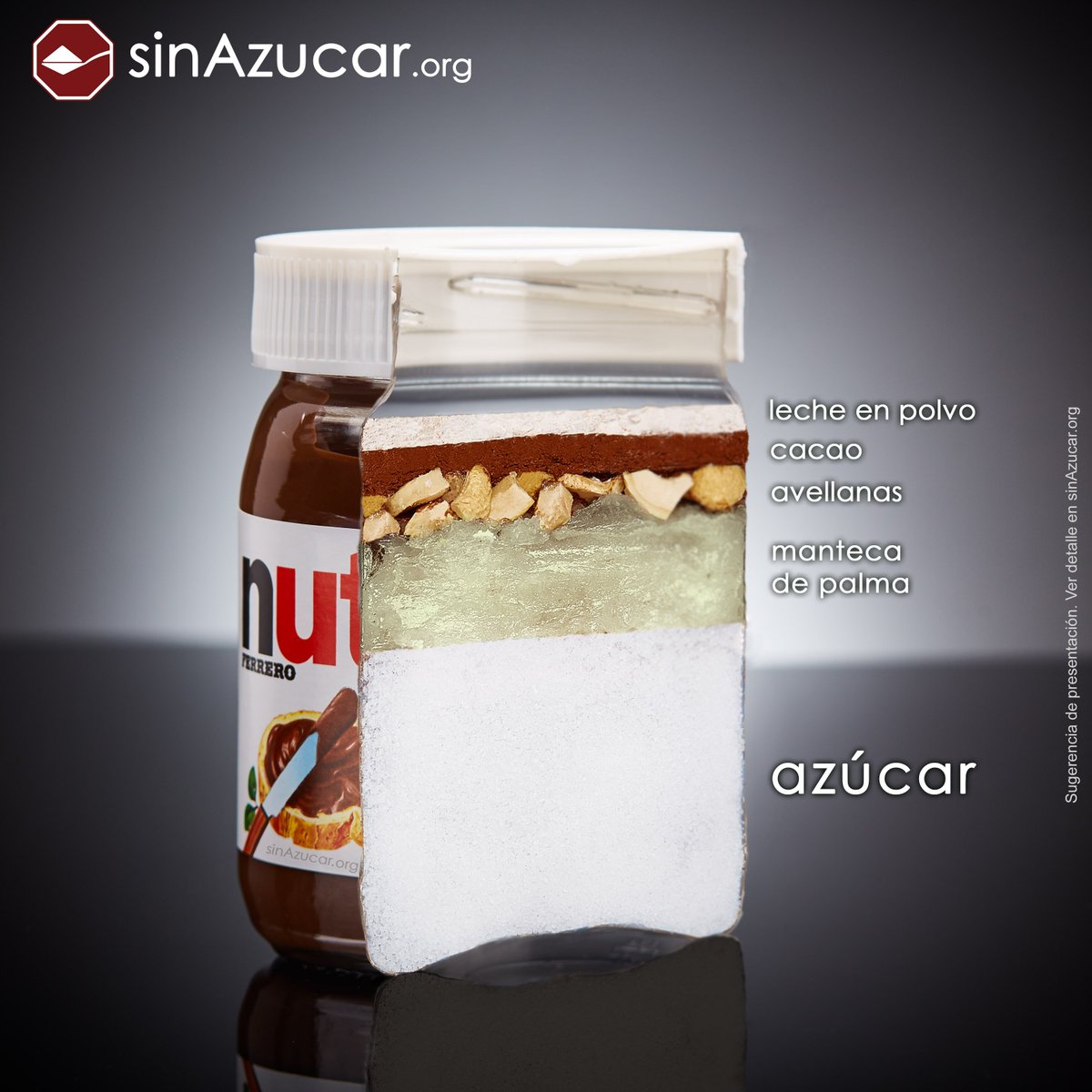 SinAzucarOrg's tweet image. Un bote de Nutella contiene el 56,8% de azúcar.