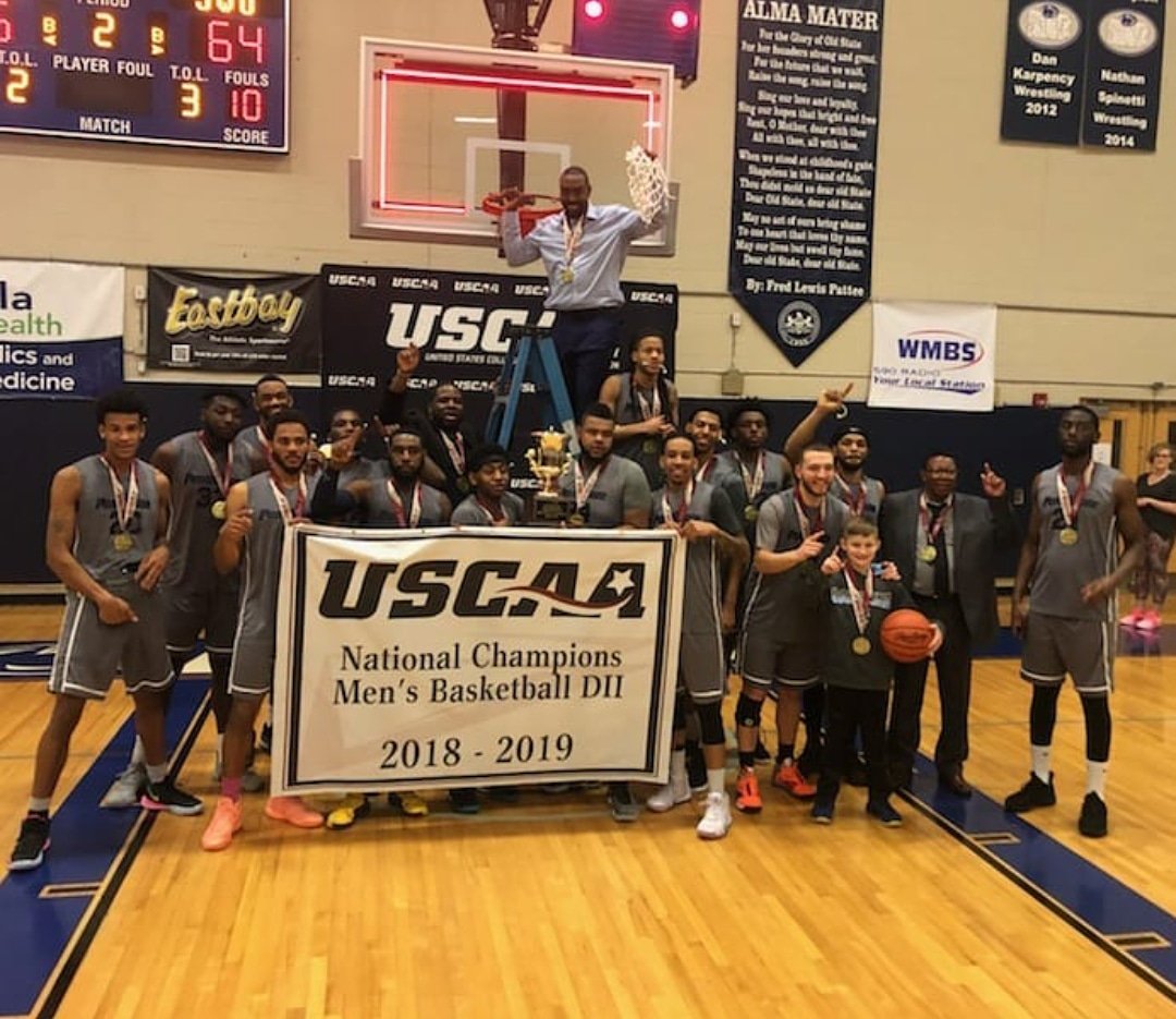 MCCCHoops's tweet photo. **CUT DOWN THE NETS!!**
.
.
Former Viking, John Armstead, and his Penn State Wilkes-Barre Nittany Lions team are 2018-19 @USCAA DII National Champions!! Congratulations to John and @pennstatewb!! #MercerCollege #MCCCHoops #RowFoward #NationalChampionViking #NJCAA #PennStateWB https://t.co/YR6PBR92bo