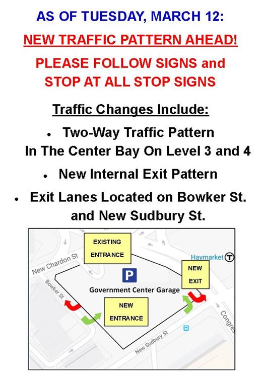 GCGParking's tweet photo. NEW TRAFFIC PATTERNS! Starting Tue. Mar. 12, @GCGParking will have new traffic patterns, including two-way traffic on Levels 3 &amp; 4.. Please follow signage. Entrance/exits lanes will be located at New Sudbury St. and at the new entrance on Bowker St. https://t.co/zt4NFLST1D