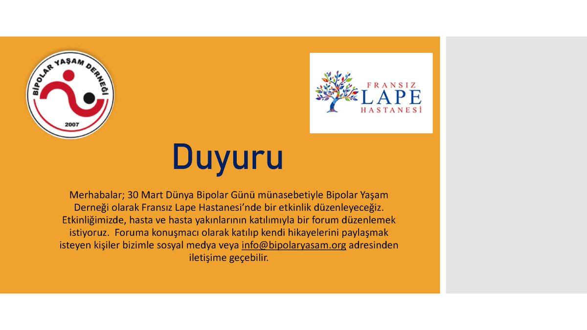 Bipolar Yaşam Derneği olarak 30 Mart Dünya Bipolar Günü Lape Hastanesi'nde hasta ve hasta yakınları için bir forum düzenleyeceğiz. Bipolar bozuklukla ilgili kendi hikayelerini paylaşmak isteyen kimseler bizimle iletişime geçebilir.  #anlatkibilinsin
