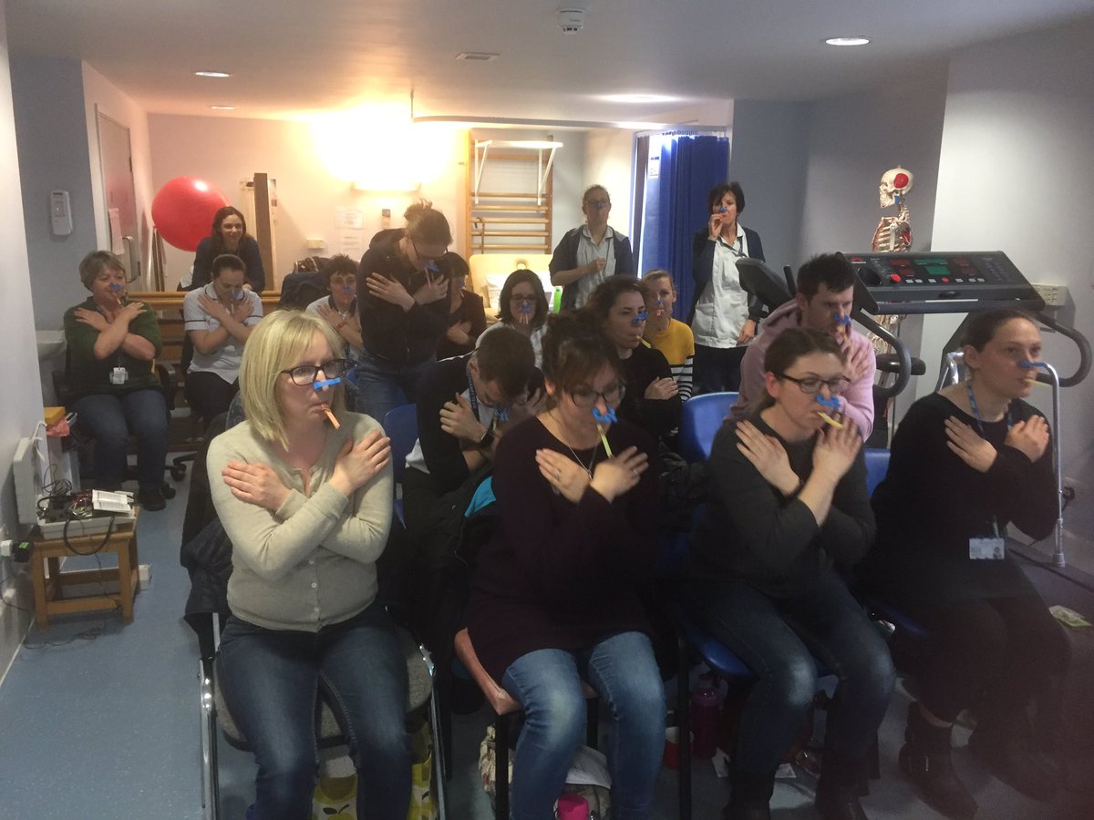 A well attended collaboration between community physios and acute physios @iht_therapies to learn about treating respiratory patients in their homes. Here they are understanding what it’s like to have COPD. Well done everyone ! @kellyvturner81 <a href="/paul_d_humphrey/">Paul Humphrey</a> <a href="/AllyClareRob1/">Ally Roberts</a>