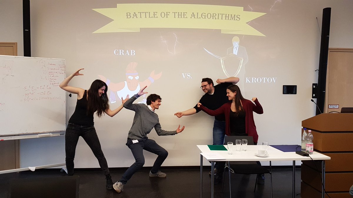 The battle of the algorithms is taking place at #QuSCo_EU school! Who will win between RedCRAB 🦀 or Krotov? 🍞 Stay tuned!  #optimalcontrol #redCrab #Krotov #Physics