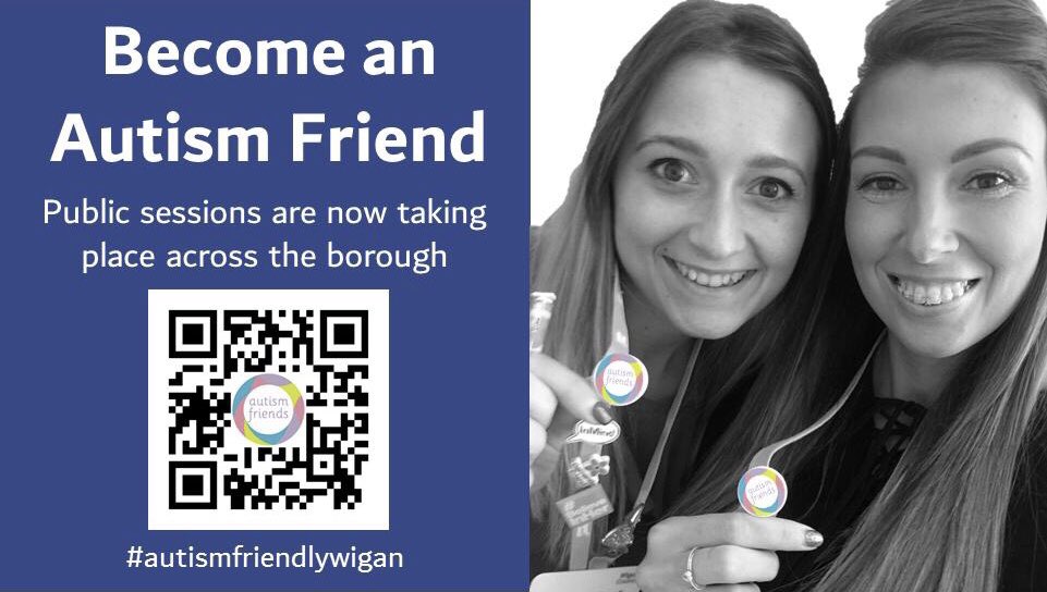 Would you like to help us work towards an #autismfriendlywigan?

Help increase the understanding of autism and inspire people to take action to support people with autism by booking on your nearest autism awarness session. 

Scan the QR code or go to autismfriends.eventbrite.co.uk