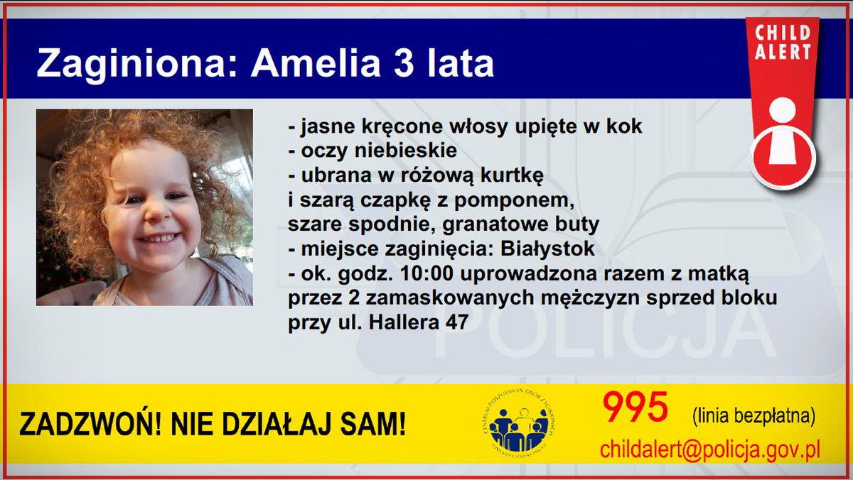 ⚠️ ALERTA: se busca por toda Europa a una niña de tres años, Amelia, secuestrada en Polonia.
Nos hacemos eco de esta petición de <a href="/AMBERAlert/">AMBER Alert</a> 
Si la ves, contacta con <a href="/guardiacivil/">Guardia Civil</a> o <a href="/policia/">Policía Nacional</a>  ⤵️