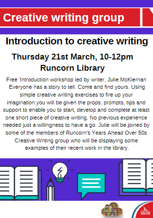 HaltonLibraries's tweet photo. We have an introduction to creative writing at Runcorn Library on Thursday 21st March.  All welcome! https://t.co/8JTdrI0oeV