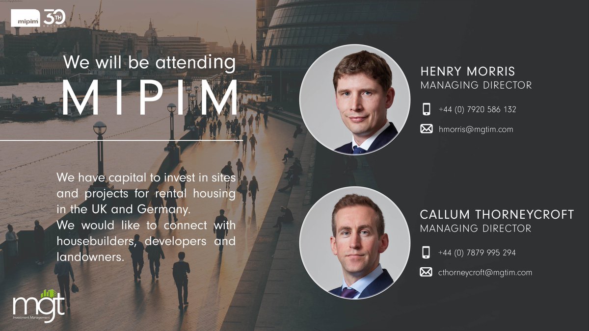MGT managing directors Henry Morris and Callum Thorneycroft will be attending #MIPIM2019 and looking to connect with housebuilders, developers and land owners. Get in touch to arrange a meeting with them in Cannes.