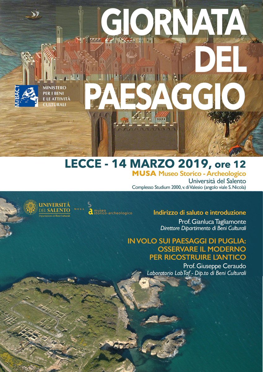 Per la #giornatadelpaesaggio promossa dal @_MiBAC, è in programma un interessante evento al @MusaUnisalento il 14/03.
@gceraudo63 propone un intervento dal titolo 'In volo sui Paesaggi di Puglia: osservare il moderno per ricostruire l'antico'.
VI ASPETTIAMO! 😉
#archeologiaaerea