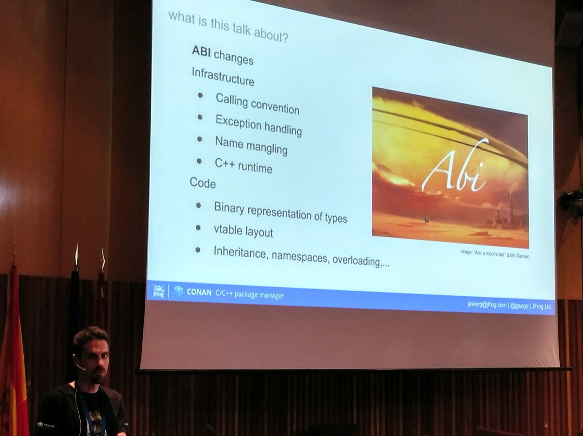 fgutierrez_'s tweet image. @jgsogo de @jfrog nos cuenta los retos de la compatibilidad binaria en #usingstdcpp