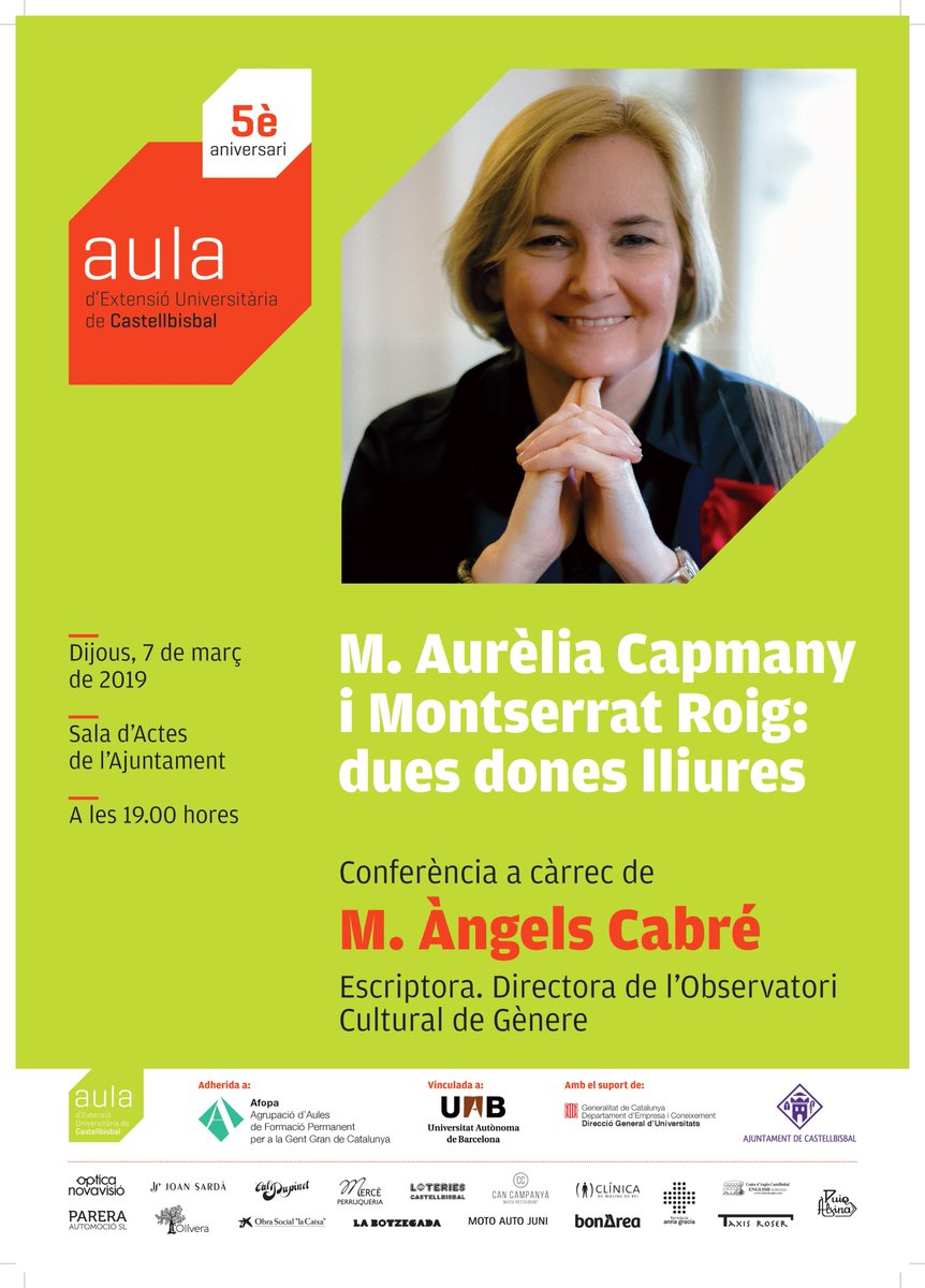 "M. Aurèlia Capmany i Montserrat Roig: dues dones lluitadores" a càrrec de M. Àngels Cabré. Org. Aula d'Extensió Universitària de Castellbisbal.
🗓 Dijous 7 de març de 2019
📍 Sala d'Actes de l'Ajuntament de Castellbisbal
🕖 19.00 h del vespre
#castellbisbal #castellbisbalcultura