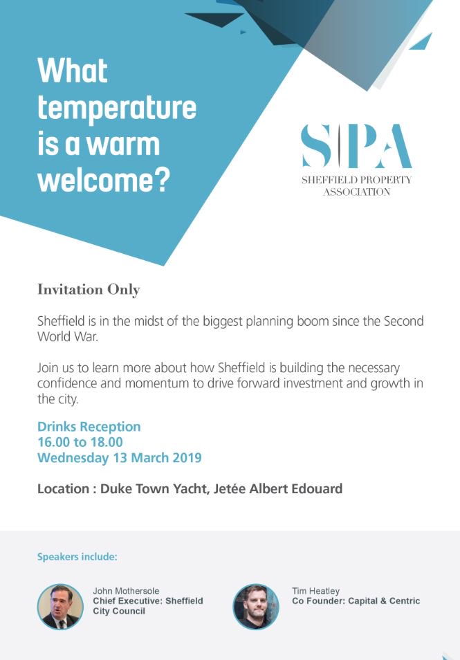 SheffPA's tweet photo. We're hosting 40 influential investors and developers tomorrow for our @SheffPA Drinks Reception. We'll be looking at and reflecting on the state of Sheffield in 2019.
#MIPIM2019 #thinksheffield #SheffPA https://t.co/MFNf7lkXVJ
