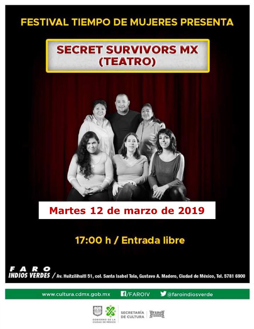 ¡Vamos a participar en el festival #TiempoDeMujeres de <a href="/GFestivalesCDMX/">Grandes Festivales de la Ciudad de México</a> con Secret Survivors México, donde usamos el teatro para visibilizar el abuso sexual infantil. Nos vemos el martes, 12 de marzo a las 5 PM en <a href="/FaroIndiosVerde/">Faro Indios Verdes</a> #EntradaLibre