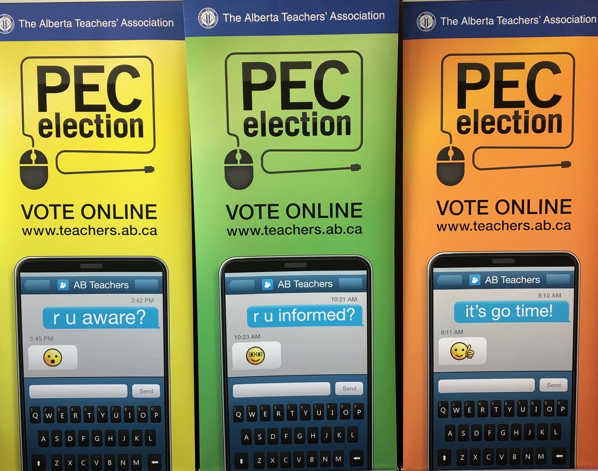 albertateachers's tweet photo. Teachers attending #ceatca2019 and #mptca2019: Stop by the 2019 PEC Election booths at your convention and learn a little more about your candidates for ATA president. Look for these bright banners or visit our website. https://t.co/xZZ47bAGZu #ATAElections #abed https://t.co/k2vdzEDt5p