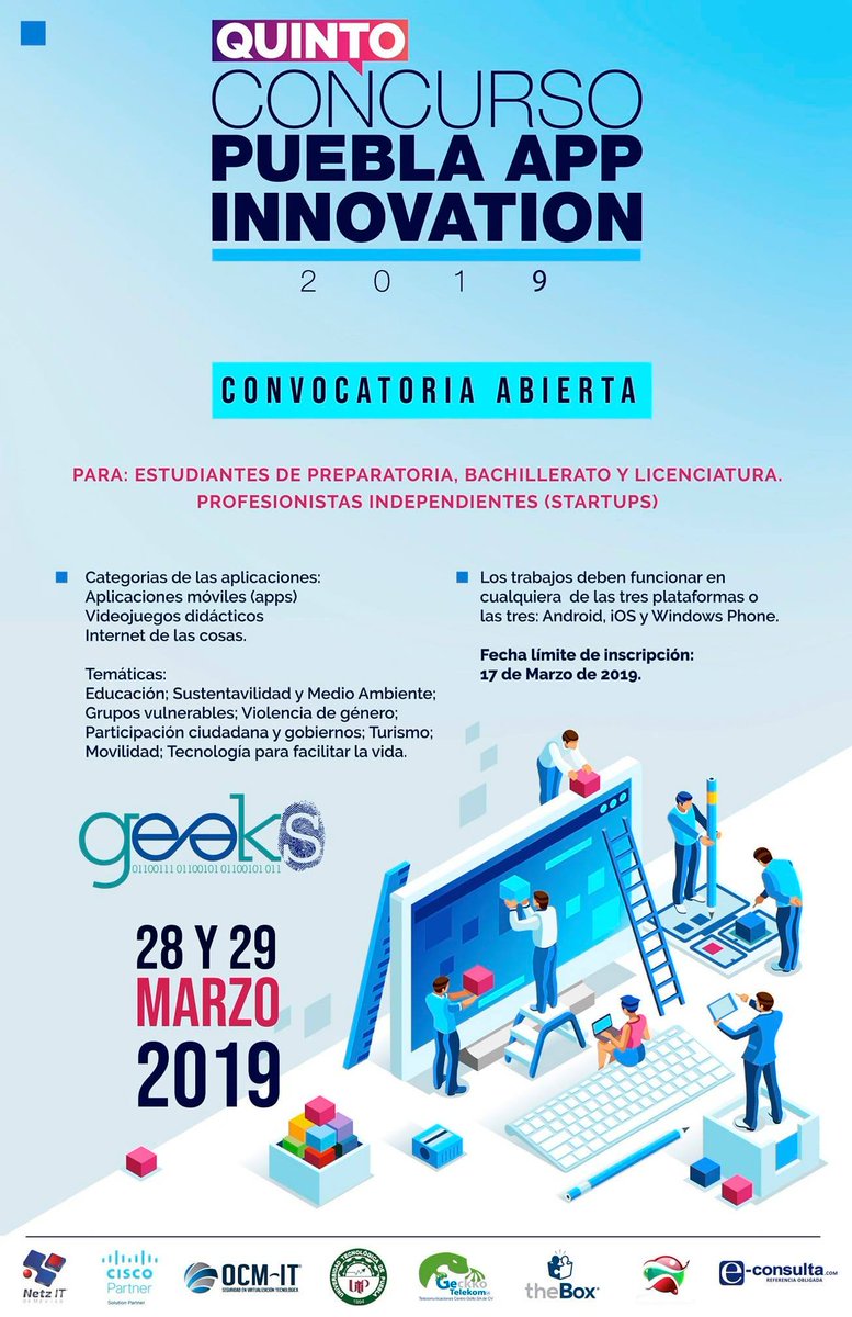 cybah18's tweet photo. Inscribiste con app, videojuego, Skills o IoT a #PueblaAppInnovation día 17 de marzo es la fecha límite. contacto@geeksmexico.com #GeeksMexico
https://t.co/jD4dyTYStu https://t.co/viQzwIOP7T