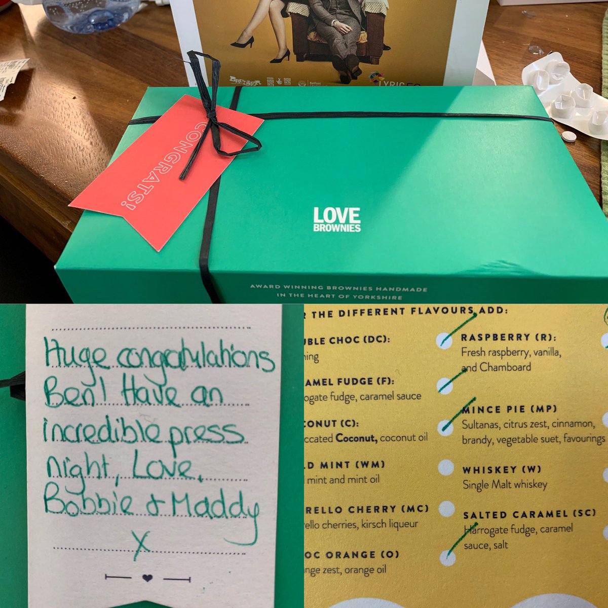 BenjStratton1's tweet photo. Just in case there was any doubt I have the best agents in the world! @bobbiechatt and @maddyshipman @GlobalArtistsUK thank you so much for my absolutely delicious press night gift! #Brownies #saltedcaramel #mincepie‼️and #raspberryvanilla #lovebrownies https://t.co/VqjQpVeFXW