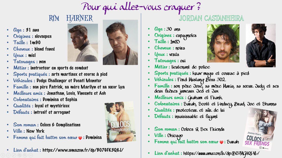 JeannePears's tweet photo. CV de mes deux héros Rim et Jordan. 
Par qui allez-vous vous laisser séduire ? 
Retrouvez Rim dans Colocs &amp; Complications et Jordan dans Colocs &amp; Sex Friends.
#jeannepears #editionsaddictives @jeannepears @ed_addictives https://t.co/LlFM4qlJmG