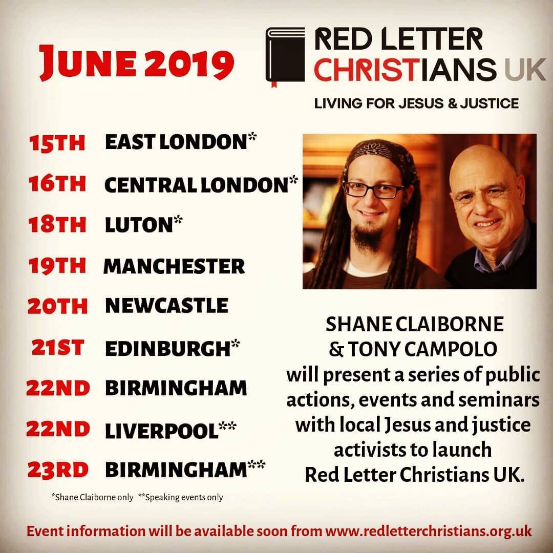 Can’t wait to see <a href="/TonyCampolo/">Tony Campolo</a> and <a href="/ShaneClaiborne/">Shane Claiborne</a> from <a href="/RedLetterXians/">Red Letter Christians</a> for @RedLetters_uk public actions, events and seminars with local #JesusAndJustice activists across the UK in June #BeatingKnives