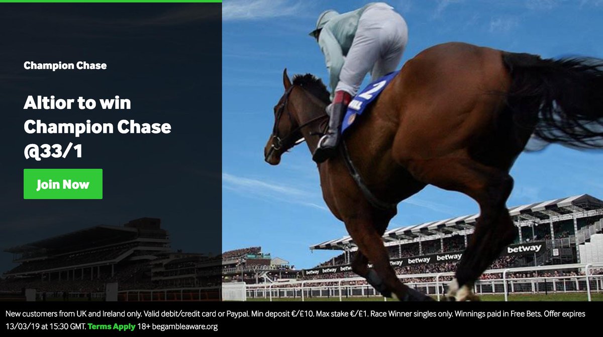 🏇 Cheltenham Festival Offer 🏇

Get the Incredible ALTIOR 33/1 to win the Champion Chase instead of 4/9!

Get it here > bit.ly/AltiorChampCha… …

18+ | T&amp;C’s Apply | Gamble Responsibly

#TheFestival #CheltenhamFestival #CheltFest
#Cheltenham 
#Min #Footpad
#Henderson