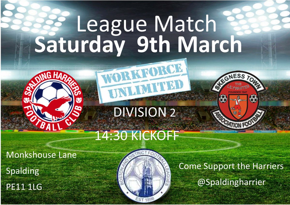 We are back at home this saturday as we welcome <a href="/SkegnessTownA/">Skegness Town A</a> to Monkshouse Lane 

Kickoff : 14-30
Come and support the Harriers 
<a href="/spaldingsport/">Spaldingsport</a> <a href="/Spalding2day/">SpaldingToday</a> <a href="/SpaldingVoice/">Spalding Voice</a>