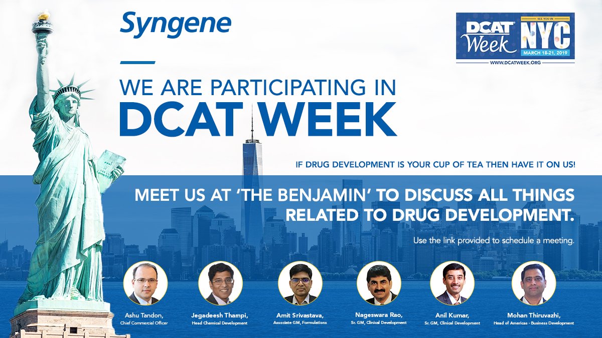 SyngeneIntl's tweet photo. Attending #DCATWeek 2019?
Meet our experts & know about Syngene's #drugdevelopment services. Click https://t.co/TkH5ePsLCT to schedule a meeting.
@dcatorg #chemicaldevelopment #biopharma #biotech #pharmaceuticalindustry #clinicaldevelopment #formulationsdevelopment #CRO #DCAT https://t.co/8UZalQOEcP