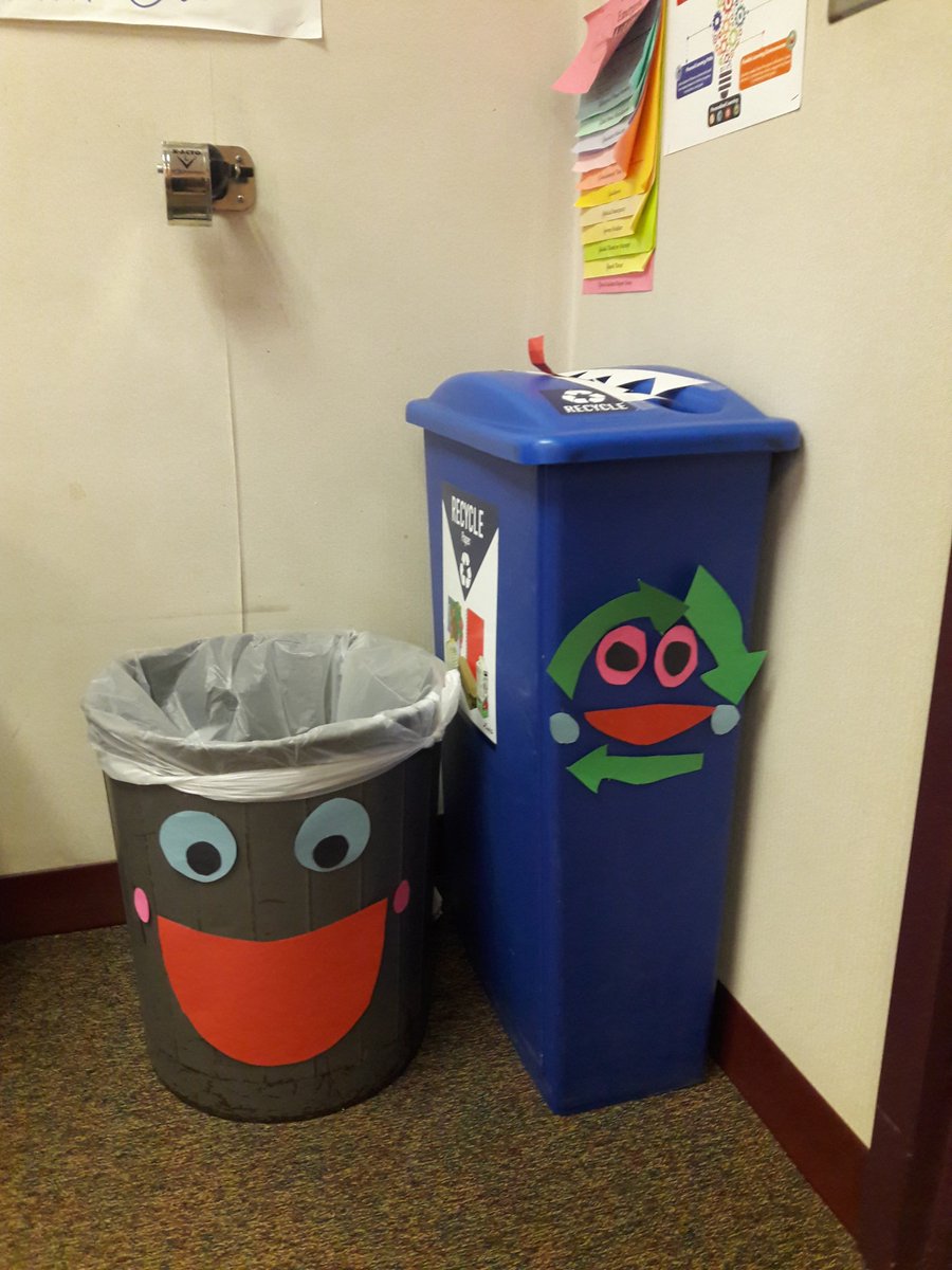 StacyHolz's tweet photo. Thanks for the great video about plastics and recycling! It inspired some of my students to decorate the garbage and recycling bins during inside recess @MysterySci #LMECATS https://t.co/szexCZ5jUE