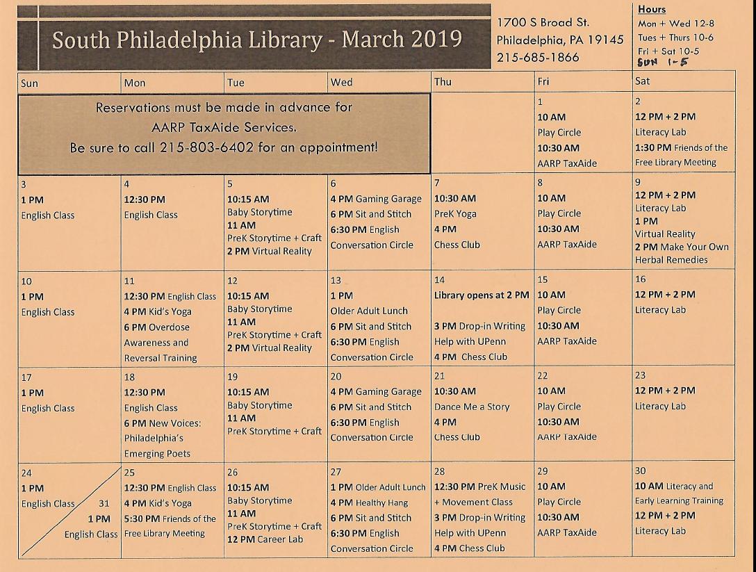 SouthPhilaLIB's tweet photo. SOUTH PHILADELPHIA BRANCH CALENDAR MARCH '19 https://t.co/WQnHj9rNmb