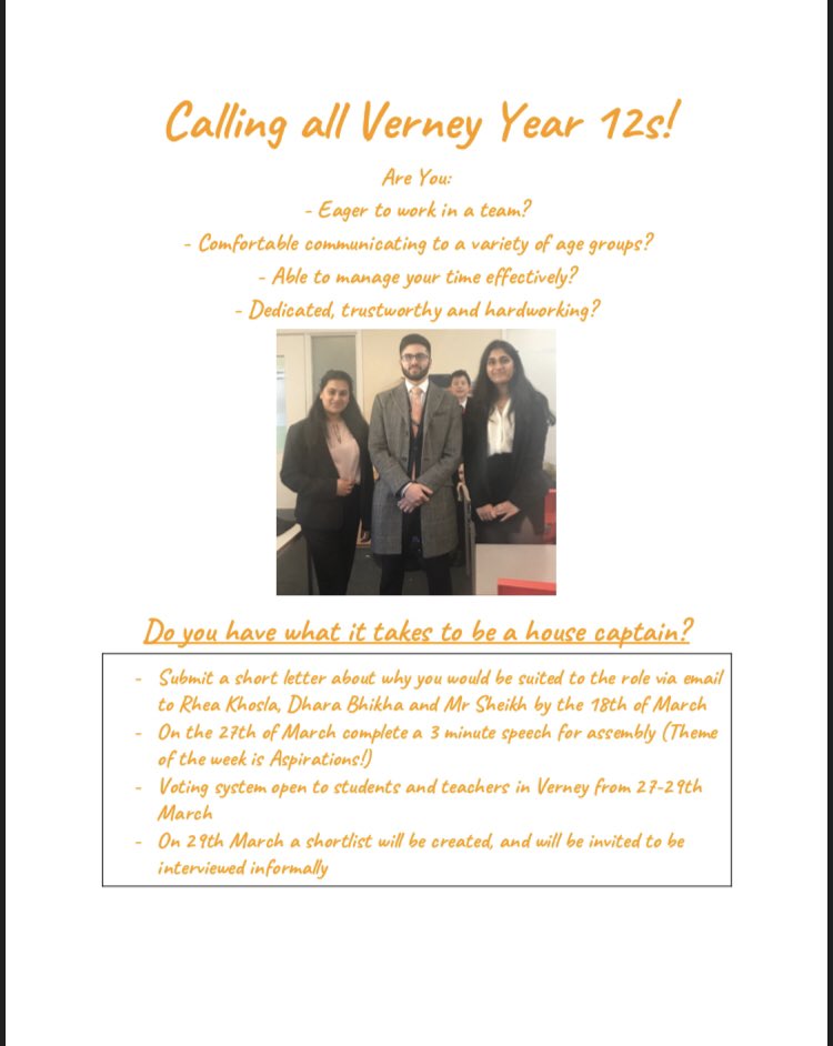 RLSVerney's tweet photo. We are now accepting applications for Verney House Captains! This is role open to all Verney year 12s. Details in the attached poster. @TheRoyalLatin https://t.co/1GeRNUlP64
