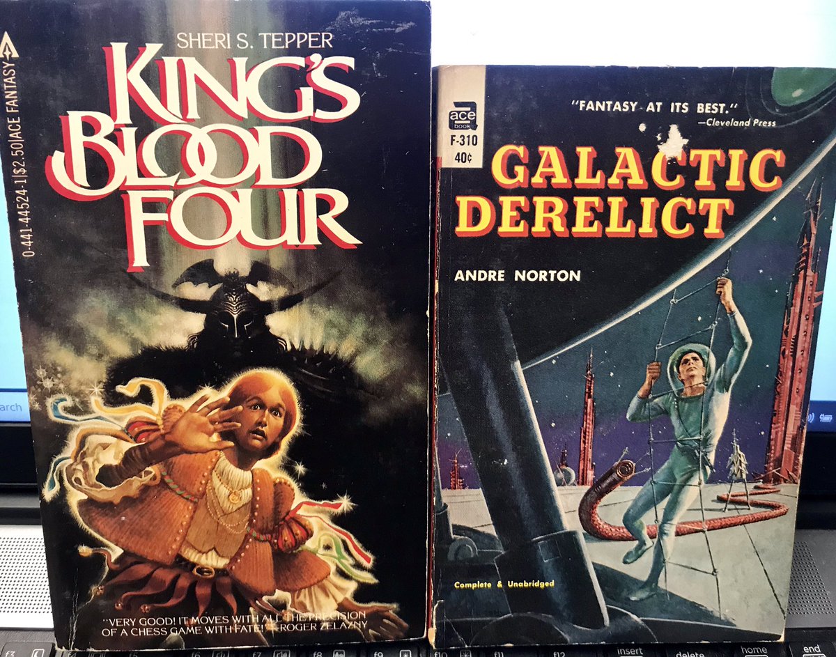 NormalsBooks's tweet photo. Life goal! My folks always called me a derelict but I was never able to take my act beyond this planet! Good + Ace 1st of Galactic Derelict by #AndreNorton $3. Vg 1983 Ace 1st of Kong’s Blood 4 by #SheriTepper $4 https://t.co/ZCtc410PzO