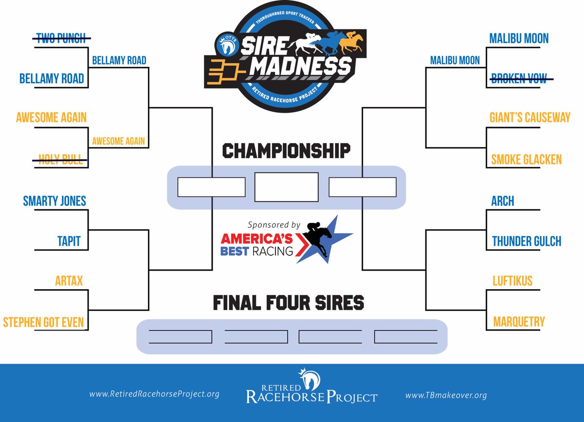 RRP_TBMakeover's tweet image. Round 3 is in the books! Moving on to the Elite Eight in #SireMadness, presented by @ABRLive, is @AdenaSprings’ Awesome Again!