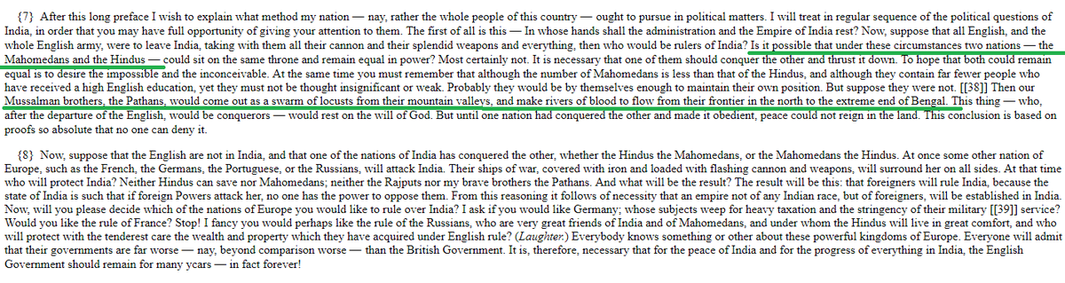 Source of the quote: Sir Syed Ahmad Khan's speech in Meerut.14th March 1888 He clearly spoke of Hindus and Muslims as 'two different nations'. He also threatened Hindus that 'Pathans from Afghan mountains will make rivers of blood flow from NW to Bengal' columbia.edu/itc/mealac/pri…