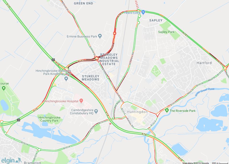 Cambs_Traffic's tweet photo. ⚠️ #A14 eastbound J23 #Spittals - J24 #Godmanchester: queuing traffic affecting the #A141 and #Huntingdon due to a blockage in the carriageway. Please expect delays. https://t.co/oRD7IYYIjj