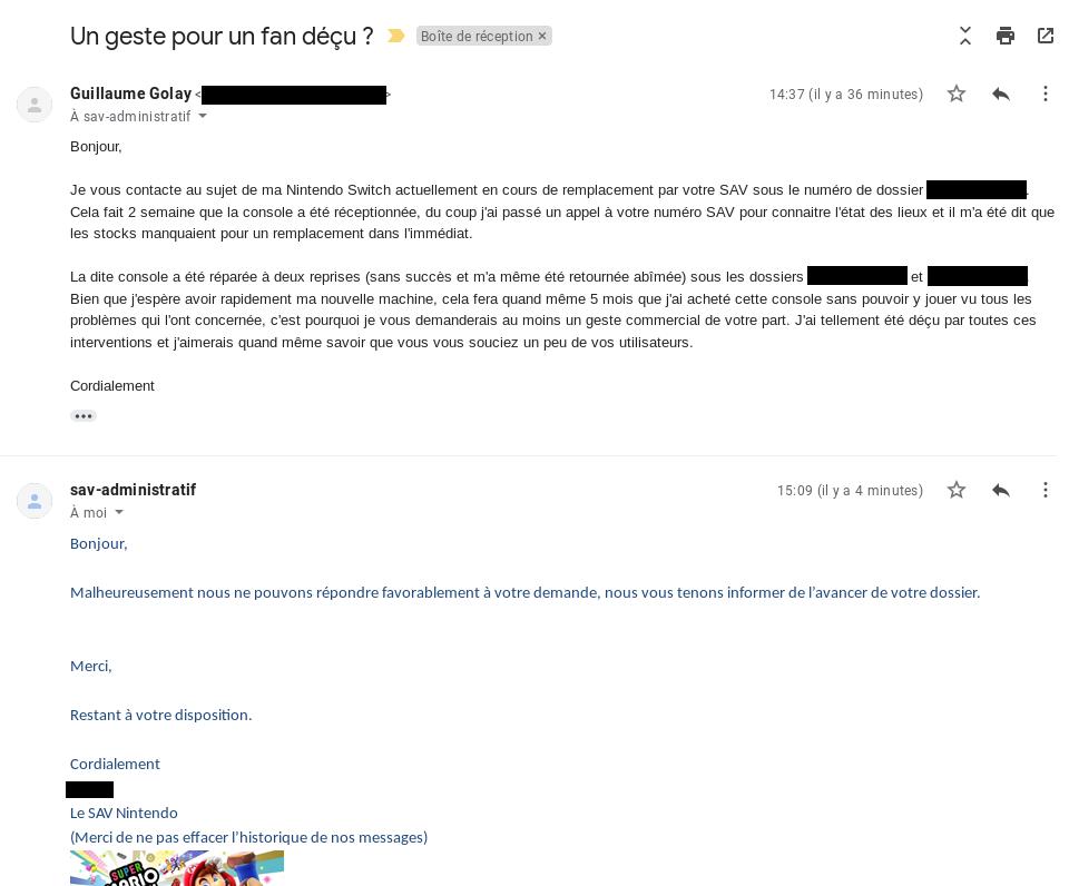 Goliworks's tweet photo. Chez @NintendoFrance , quand on demande un geste commercial car le sav répare mal et abîme votre #switch, on vous envoie chier.
#Nintendo  #SAV #NitendoSwitch https://t.co/Nb79hC2509