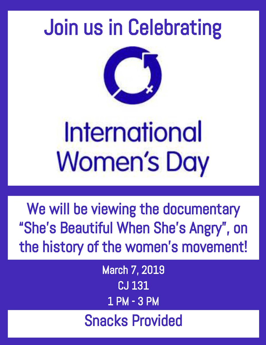 We're celebrating International Women's Day by watching and discussing the documentary, "She's Beautiful When She's Angry." The documentary illustrates the history of the women's movement. TODAY (March 7) 12pm-3pm in CJ 131. #cpccstudentlife #mightymerancas #merancassga