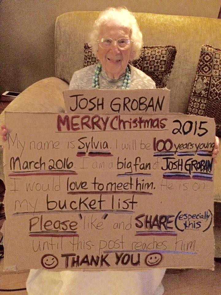 GonzoOkanagan's tweet photo. We are going on 3+ years trying to get @joshgroban to say happy birthday Sylvia with a quick happy birthday video from his phone. This pic, she was about to turn 100, now 103 soon. Doc says she will make 105. Let not wait that long ok Josh? lol. <3 Please share. @wendykrauza <3 https://t.co/VJbgycZxWd