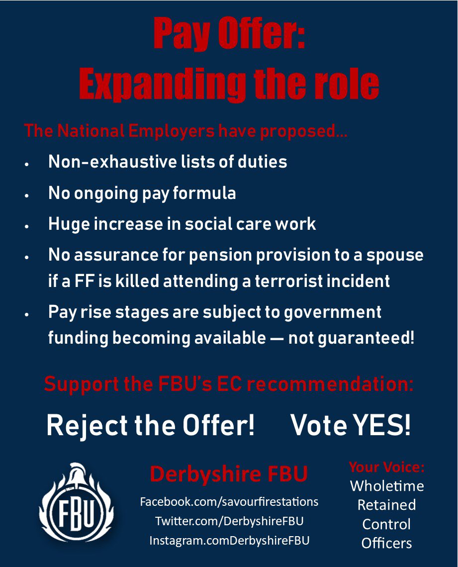 Here are just a few reasons why firefighters are angry about the so called ‘pay offer’ from the national employers! 

Derbyshire FBU members! Attend the all members meeting at the Joint Training Centre on Tuesday 19th March at 18:00. 

Strength in Unity! ✊✊✊#FireBrigadesUnion