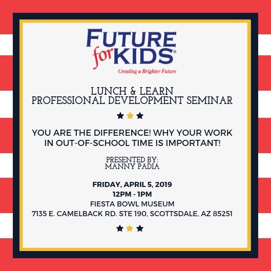 Futureforkids's tweet image. Join us for the next Lunch and Learn Professional Development Seminar on April 5th at the Fiesta Bowl Museum! Sign up by clicking the following link: futureforkids.org/lunch-learn/