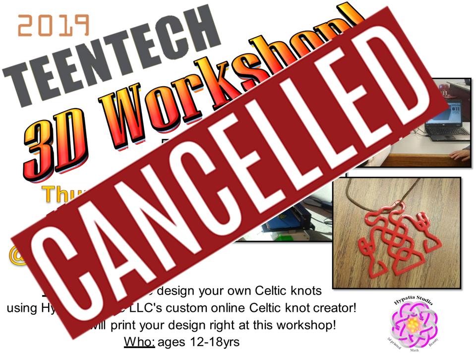 3D Workshop Canceled @ your library-Thu., Mar. 7, 5:30 - 7pm: Teen Tech Week - 3D Print Workshop is Canceled, due to the roads and weather today, Hypatia Studio, LLC, Matt Roesle  and Mahi Palanisami, have canceled the Teen Tech Week 3D Print Workshop.