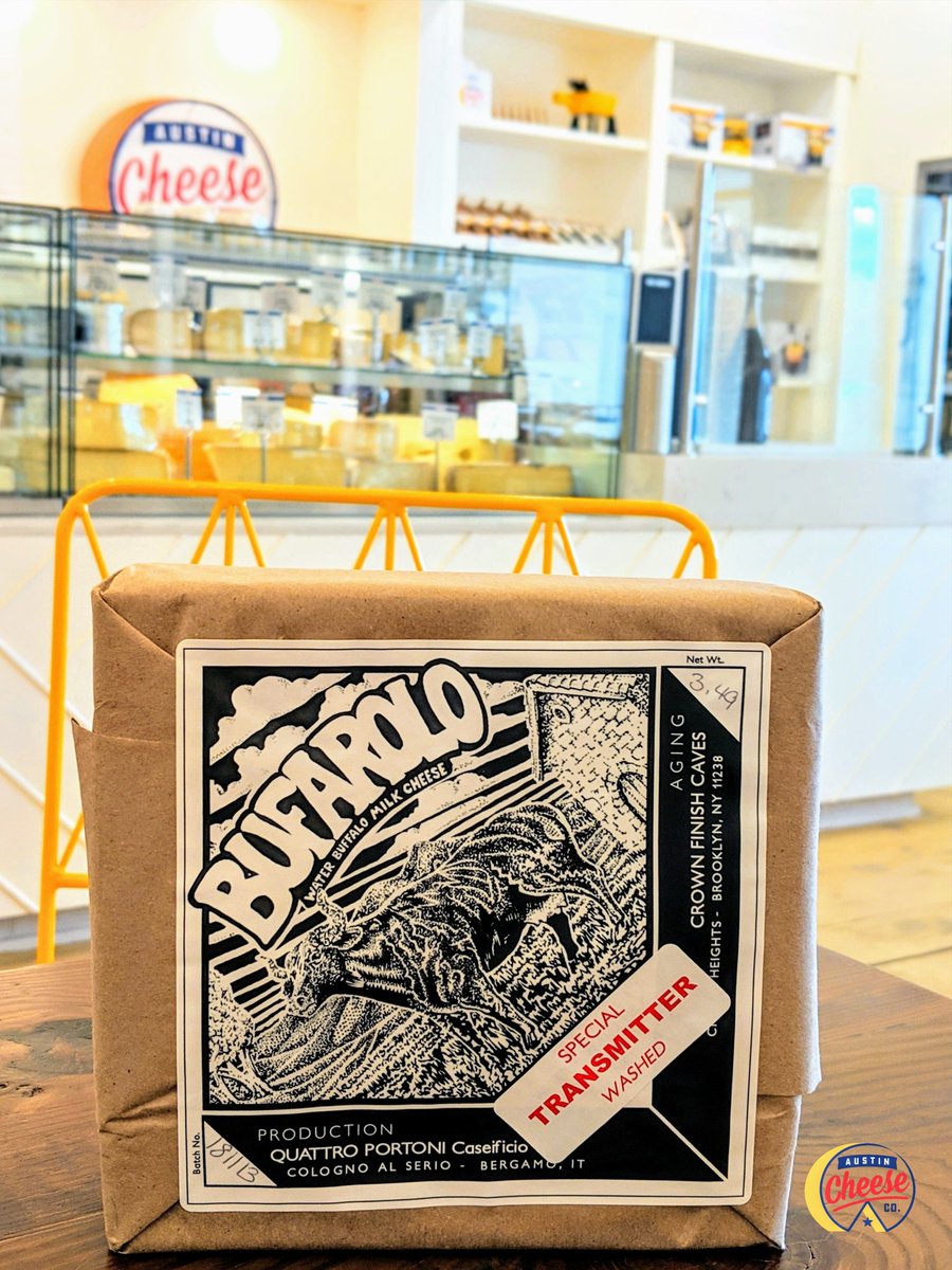 AustinCheeseCo's tweet photo. Our Tasting room is featuring The "Bufarolo" from Italy...and yes, it's made from buffalo milk. Swing by to satisfy your taste buds! Made from buffalo milk in Bergamo, Italy and aged in Brooklyn. This semi soft cheese delivers a fudgy lemony paste. 
#austincheeseco #cheesemongers https://t.co/iATaiR908Y