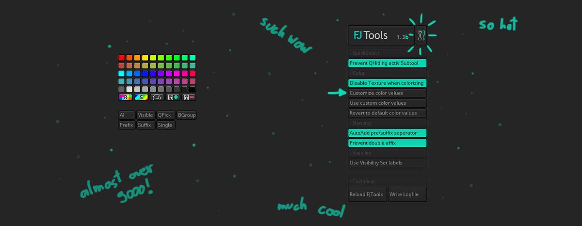 FloJonas_'s tweet photo. Quick news about #FJTools and #ZBrush2019: 
The current and upcoming version 1.3 are unfortunately not compatible with the latest #ZBrush update!
I’ll work on porting after the release of 1.3. Check out https://t.co/s1awnU3dK2 for the latest development. E.g. new color swatches: https://t.co/Z1grIumIls