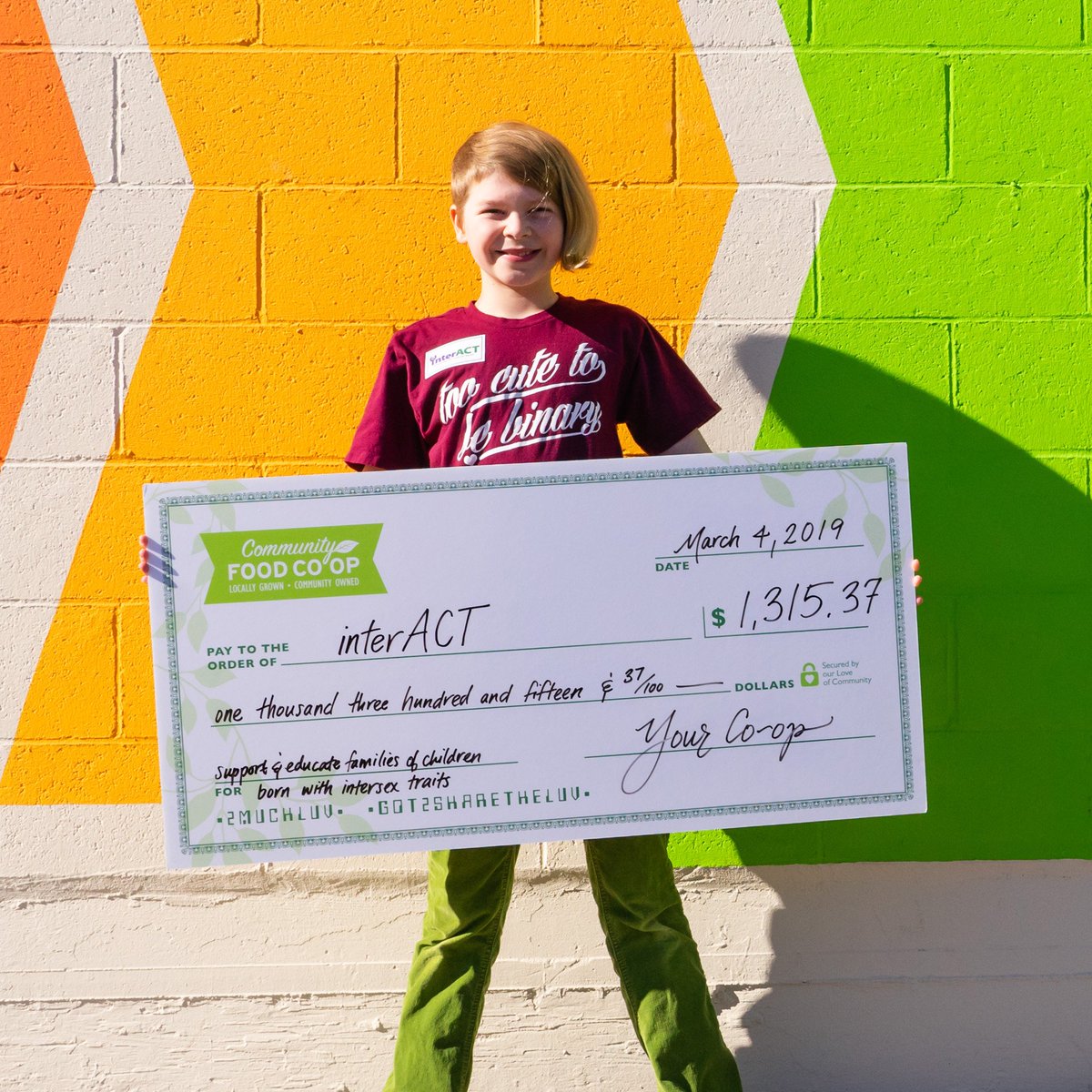 TheCoopInBham's tweet photo. Did you know that our baristas donate 100% of their tips and choose the recipient by consensus? The Bakery Cafe baristas donated $1,315.37 (tips from November - December - January) to @interACT_adv! Thank you, Co-op baristas! You ROCK! #coops4kindness #4intersex https://t.co/x0JJd0P7io